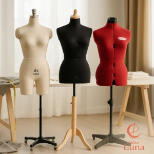 Guía de compra de maniquíes de costura profesionales para diseñadores, mostrando modelos especializados en un taller de moda.