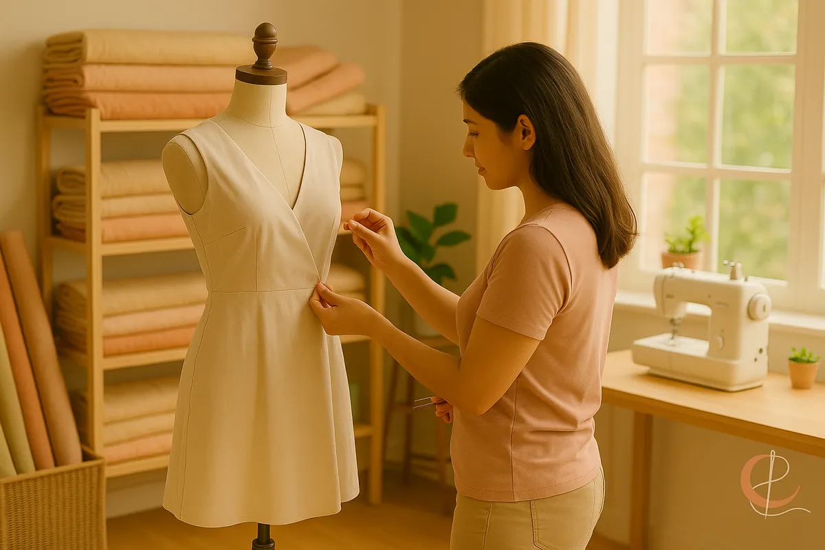 Una costurera principiante ajustando el dobladillo de una falda en su maniquí, demostrando la facilidad para coser sin ayuda.