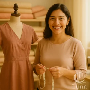 Mujer feliz en un taller luminoso ajustando un vestido en su maniquí de costura, una herramienta ideal para principiantes y modistas novatas.