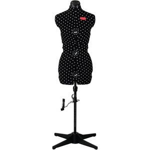 Maniquí de costura Prym Prymadonna de color negro con lunares blancos sobre fondo blanco.
