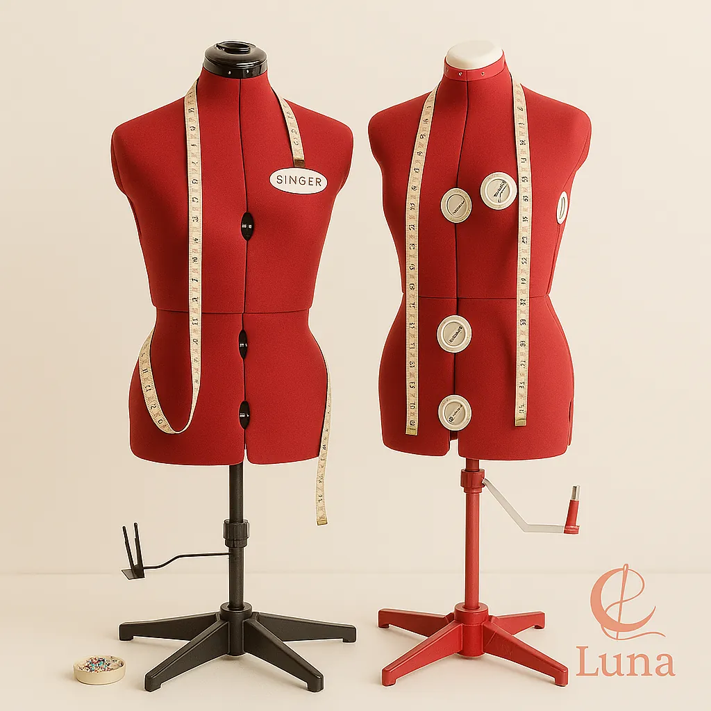 Maniquíes de costura Singer DF150, DF250 y FG952, exhibidos en un ambiente de estudio profesional, con una cinta métrica y alfileres para simbolizar una guía de compra detallada.