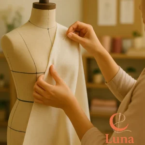 Manos expertas de una diseñadora aplicando la técnica de moulage, fijando con alfileres una tela de glasilla sobre un maniquí de costura profesional.