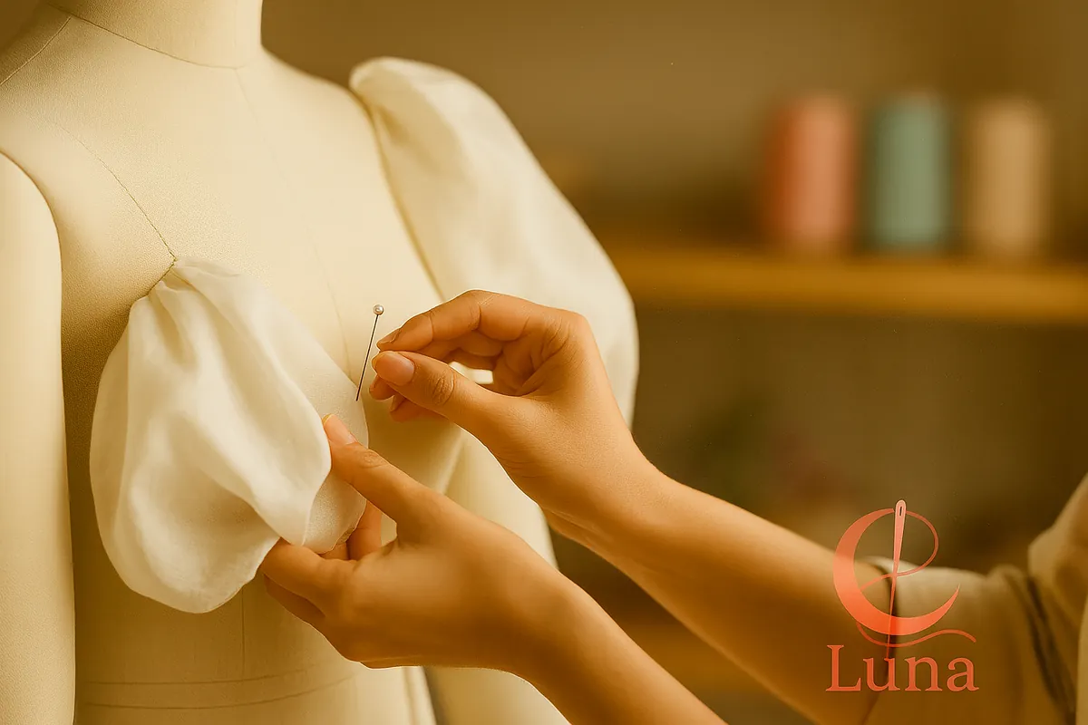Diseñadora de moda ajustando con alfileres una manga abullonada compleja directamente sobre el brazo de un maniquí profesional.