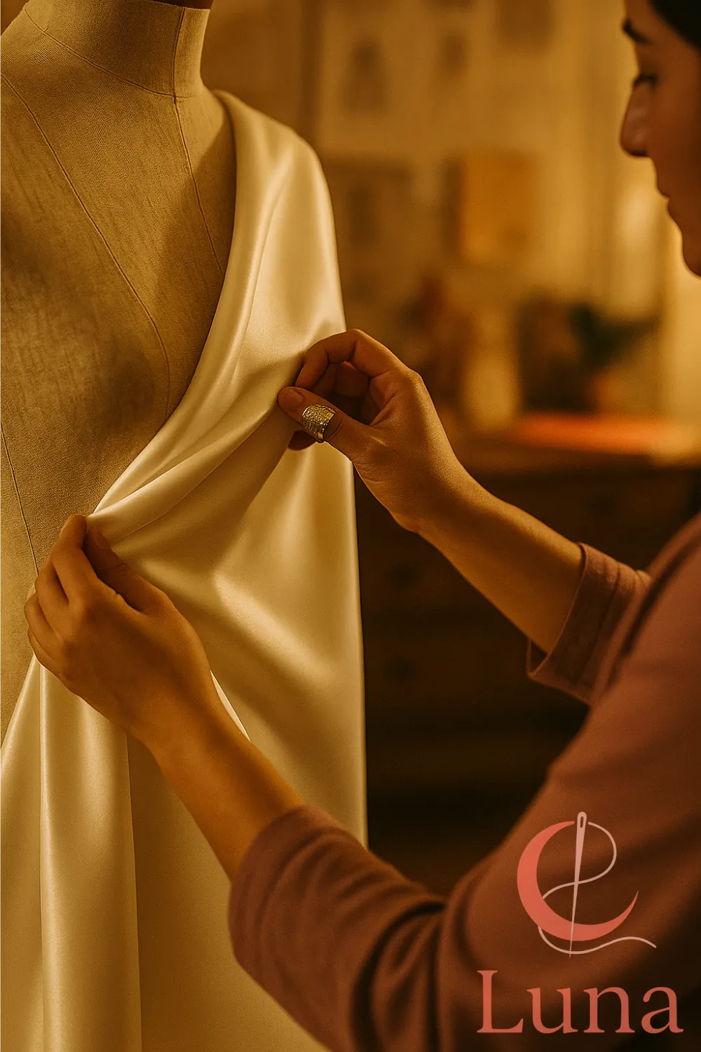Primer plano de una diseñadora de alta costura aplicando la técnica de draping para crear un vestido de novia sobre un maniquí profesional.