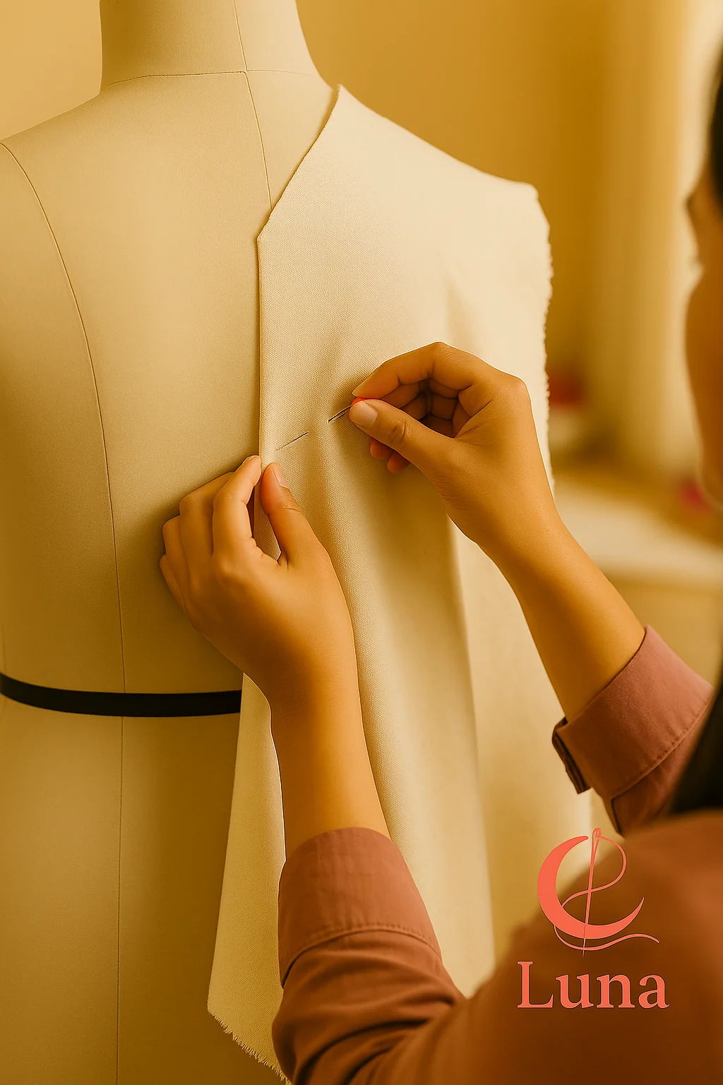 Una diseñadora trabajando en la espalda de un maniquí, ajustando y clavando la tela de muselina sobre la zona del omóplato para un drapeado.