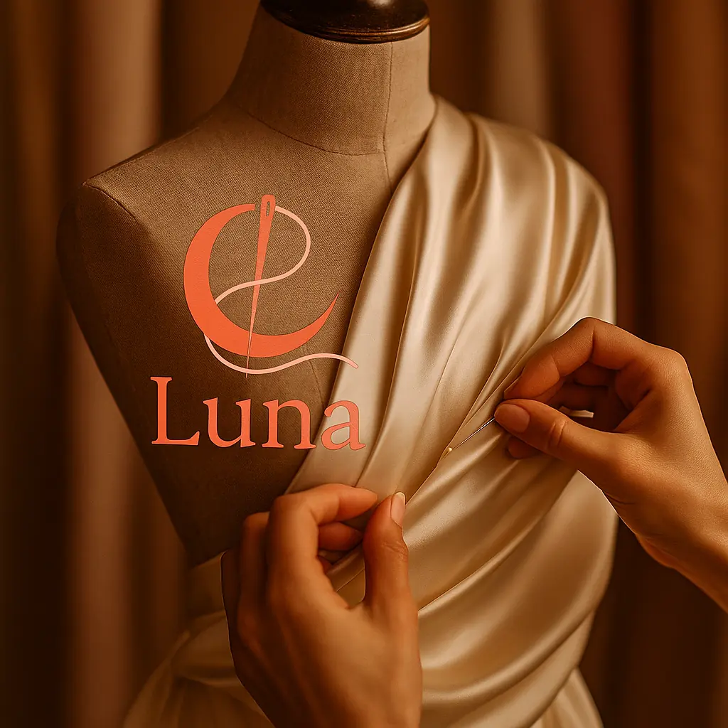 Diseñadora realizando la técnica de draping sobre un maniquí de costura para crear un vestido de novia.