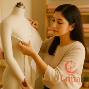 Primer plano de una diseñadora de moda midiendo la sisa de un maniquí profesional antes de acoplar un brazo, en un taller de costura cálido y luminoso.