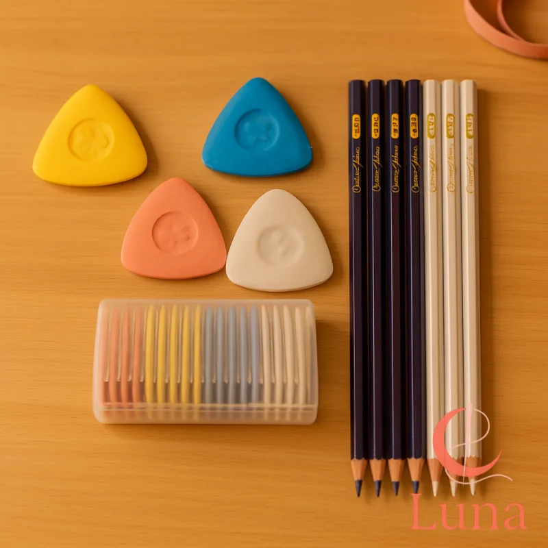 Kit de marcado para costura con tizas de sastre de colores y lápices borrables para tela, organizado sobre una mesa.