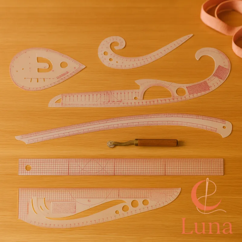 Set de 7 reglas de patronaje de plástico, incluyendo una curva francesa, utilizadas para el diseño de moda y costura.