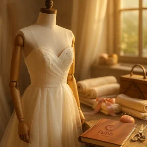 Un maniquí de costura profesional en un cálido taller de diseño, mostrando un elegante vestido de novia a medio confeccionar, listo para el trabajo de alta costura.