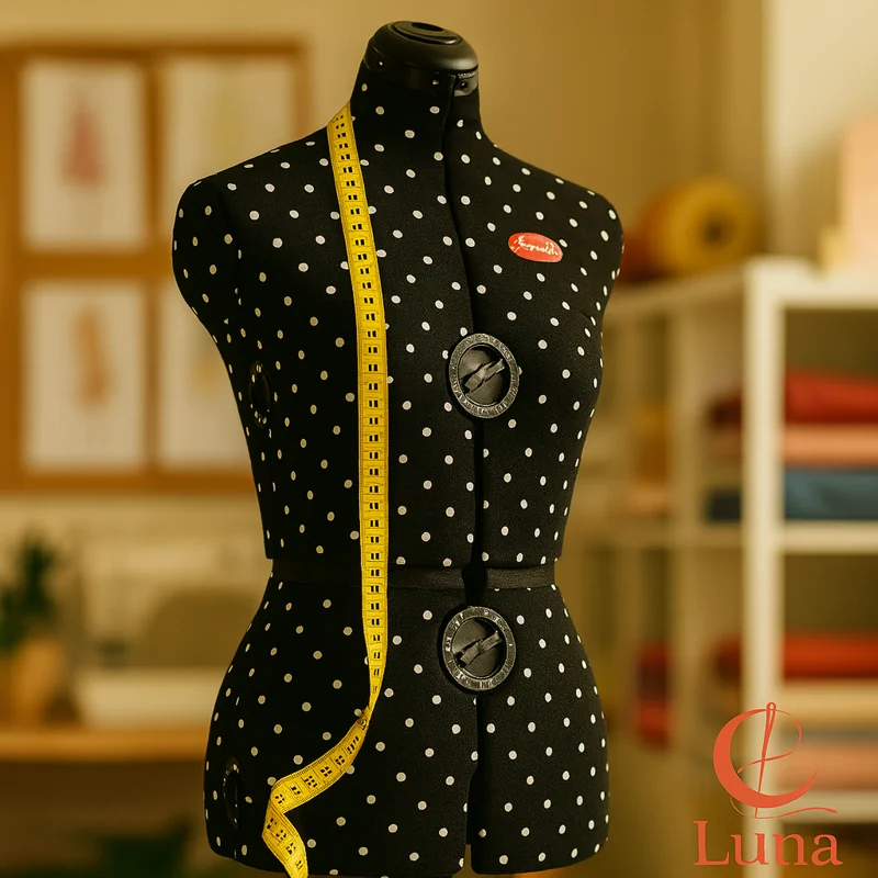 Maniquí de costura ajustable Prym Prymadonna con diseño de lunares, presentado en un moderno y luminoso estudio de diseño de moda.