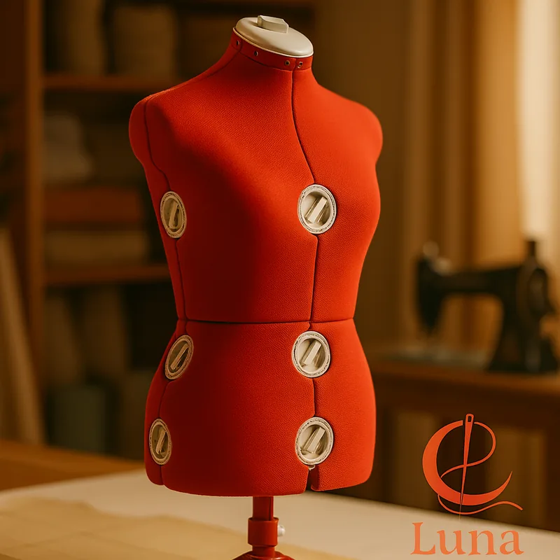 Maniquí de costura ajustable Singer DF150 de color rojo, exhibido en un taller de costura profesional de estilo clásico.