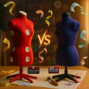 Un maniquí de costura Singer DF150 rojo y un maniquí Prym Prymadonna azul enfrentados en un taller de costura, simbolizando la comparativa entre ambas marcas.