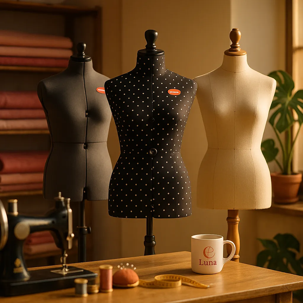 Varios modelos de maniquíes de costura de la marca Prym expuestos en un taller cálido y acogedor.