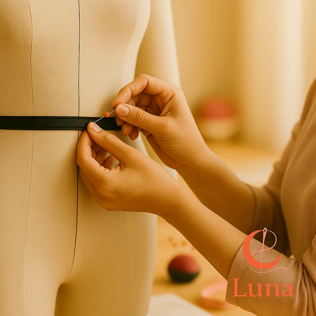 Manos de una diseñadora aplicando cinta de sarga negra para marcar las líneas de equilibrio en la cintura de un maniquí de costura profesional.