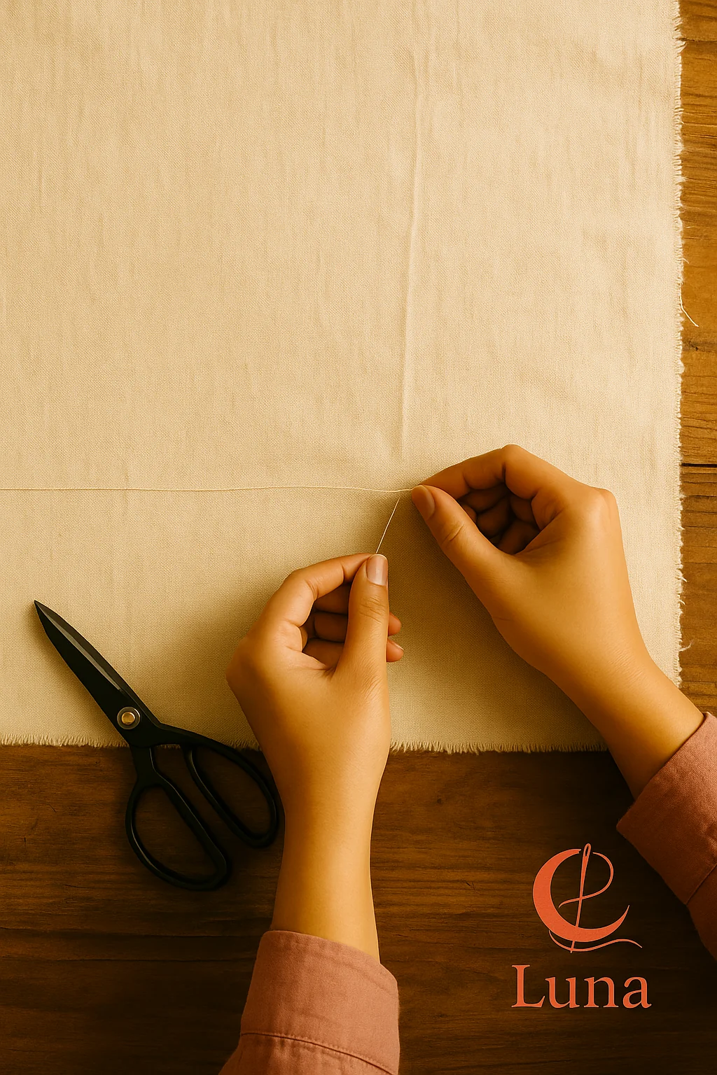 Manos de una diseñadora preparando y aplomando tela de muselina sobre una mesa de corte al tirar de un hilo para encontrar el grano recto.