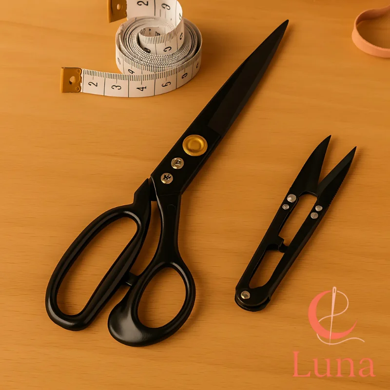 Set de tijeras de sastre profesionales de 9 pulgadas, un cortahílos y una cinta métrica sobre una mesa de trabajo.