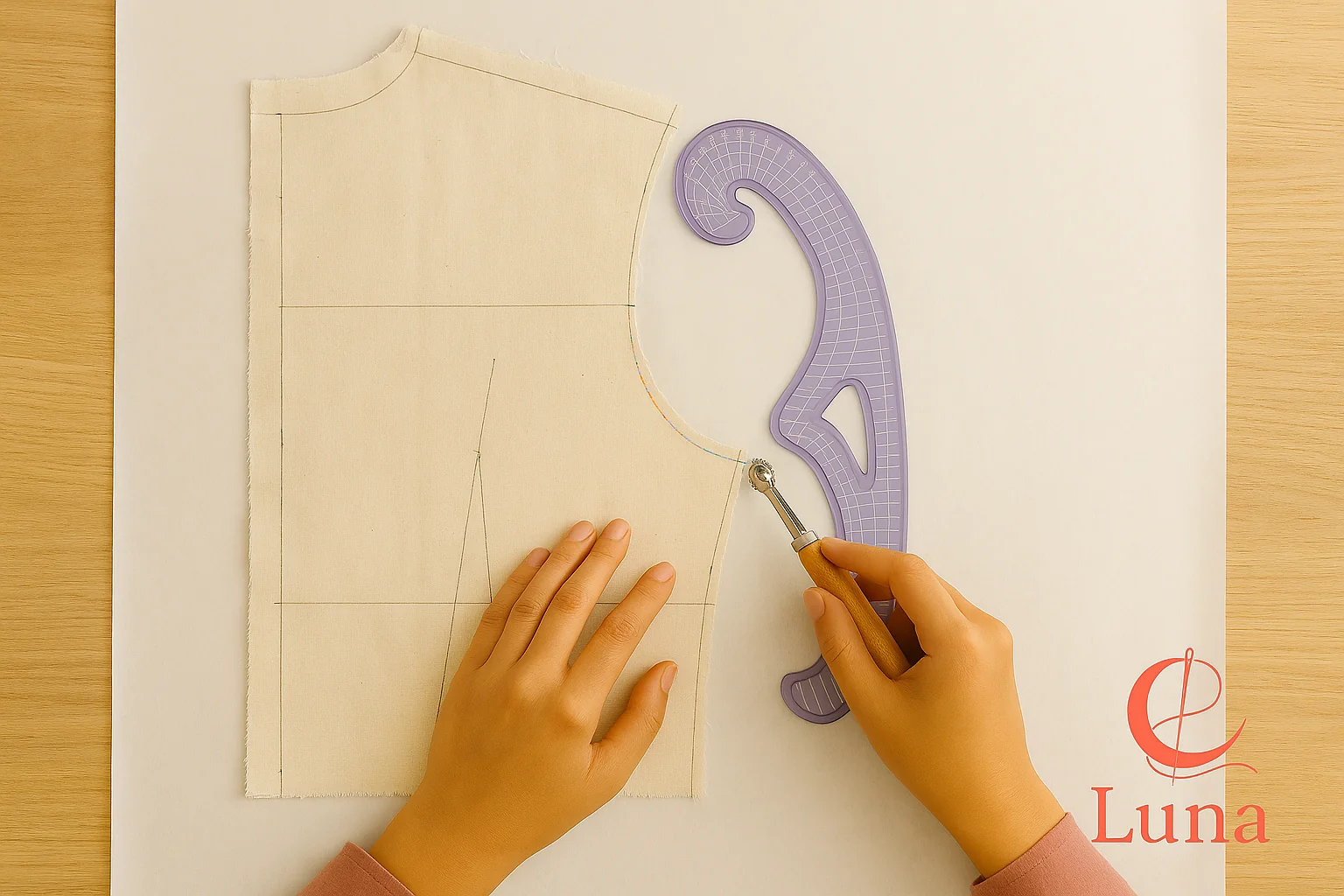 Vista cenital de una diseñadora transfiriendo las líneas de un toile de muselina a papel de patronaje usando una regla de curva francesa y una ruleta.